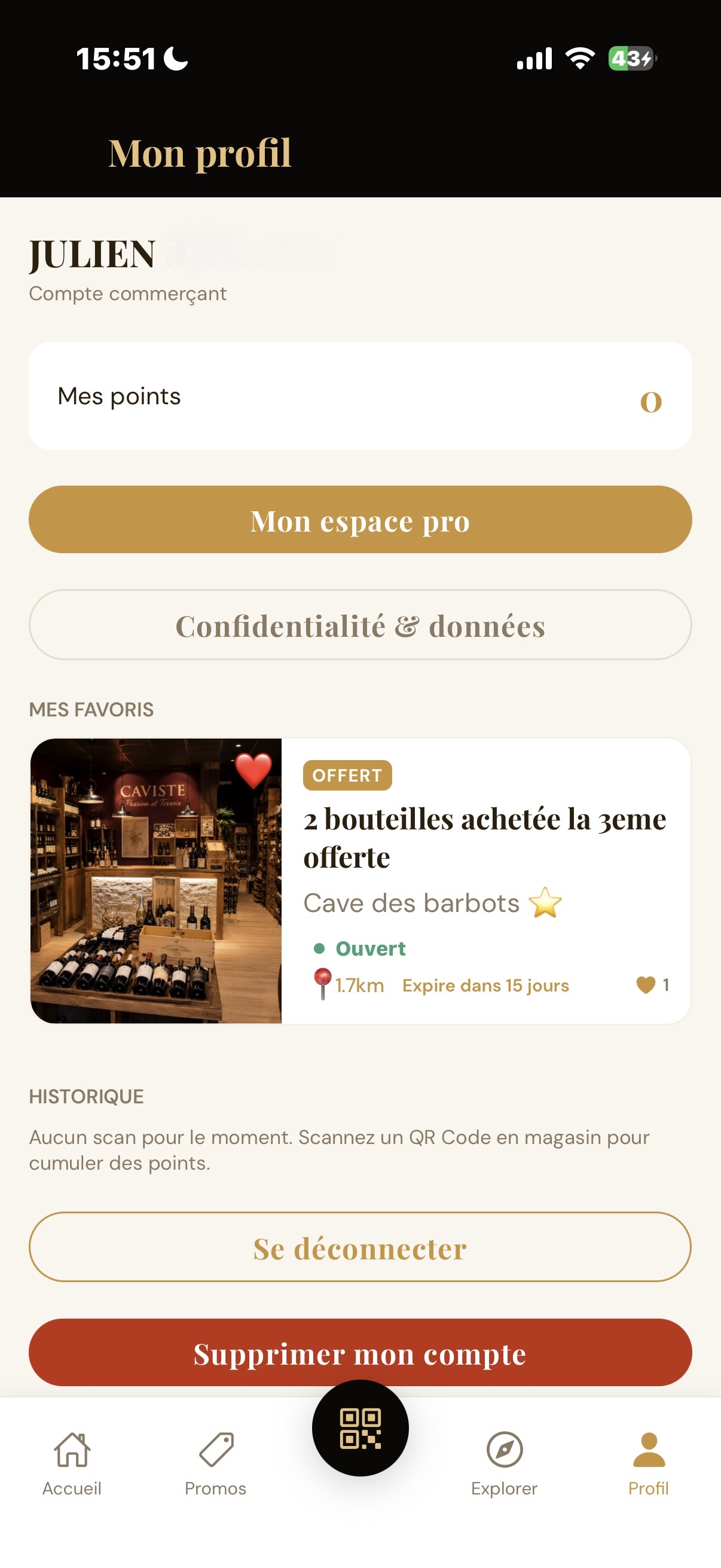 Profil utilisateur de l'application Bass'in